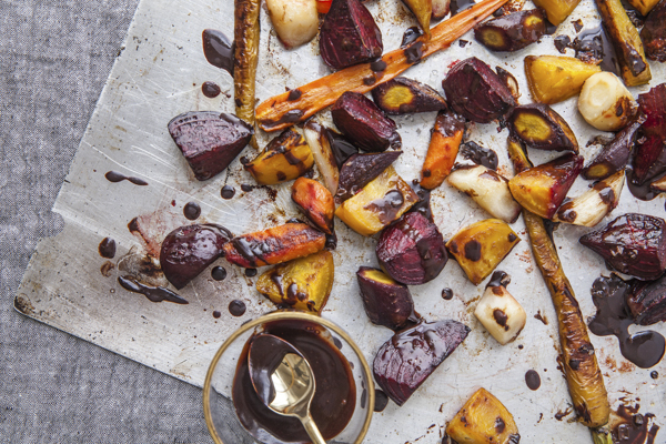 roasted vegetables with a chocolate balsamic glaze drizzle
