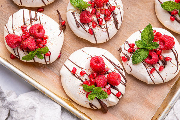Lola’s Pavlovas with Dark Chocolate Drizzle and Berries